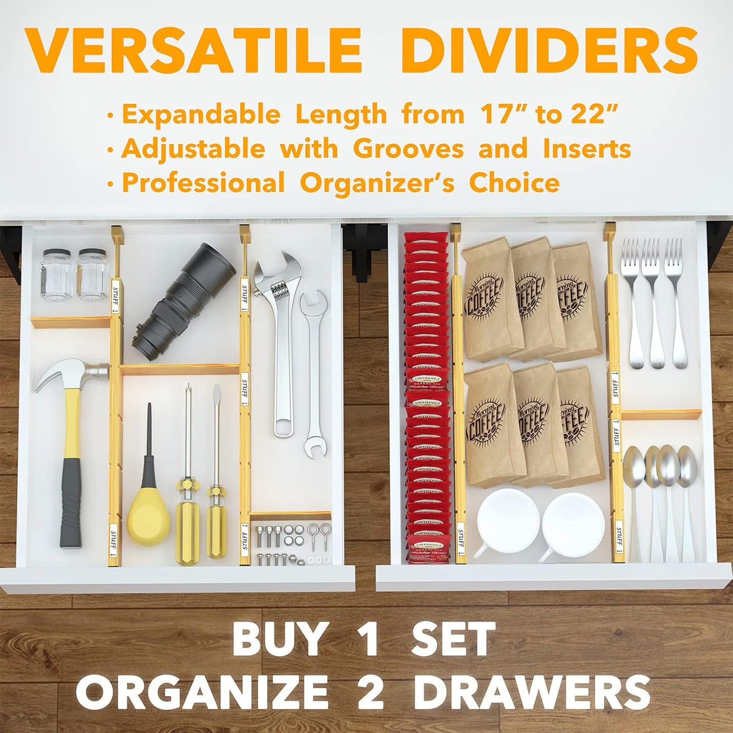 Bamboo Kitchen Organizer Drawer Dividers, Expandable(17-22 In), 17"L X 0.6"W X 2.6"H