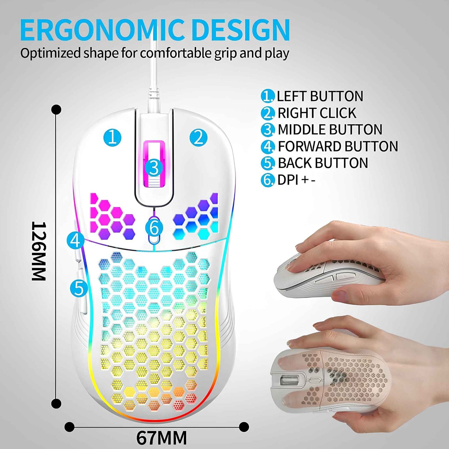 Honeycomb Wired Gaming Mouse with RGB Lighting – 7200 DPI Lightweight Ergonomic Gaming Mouse