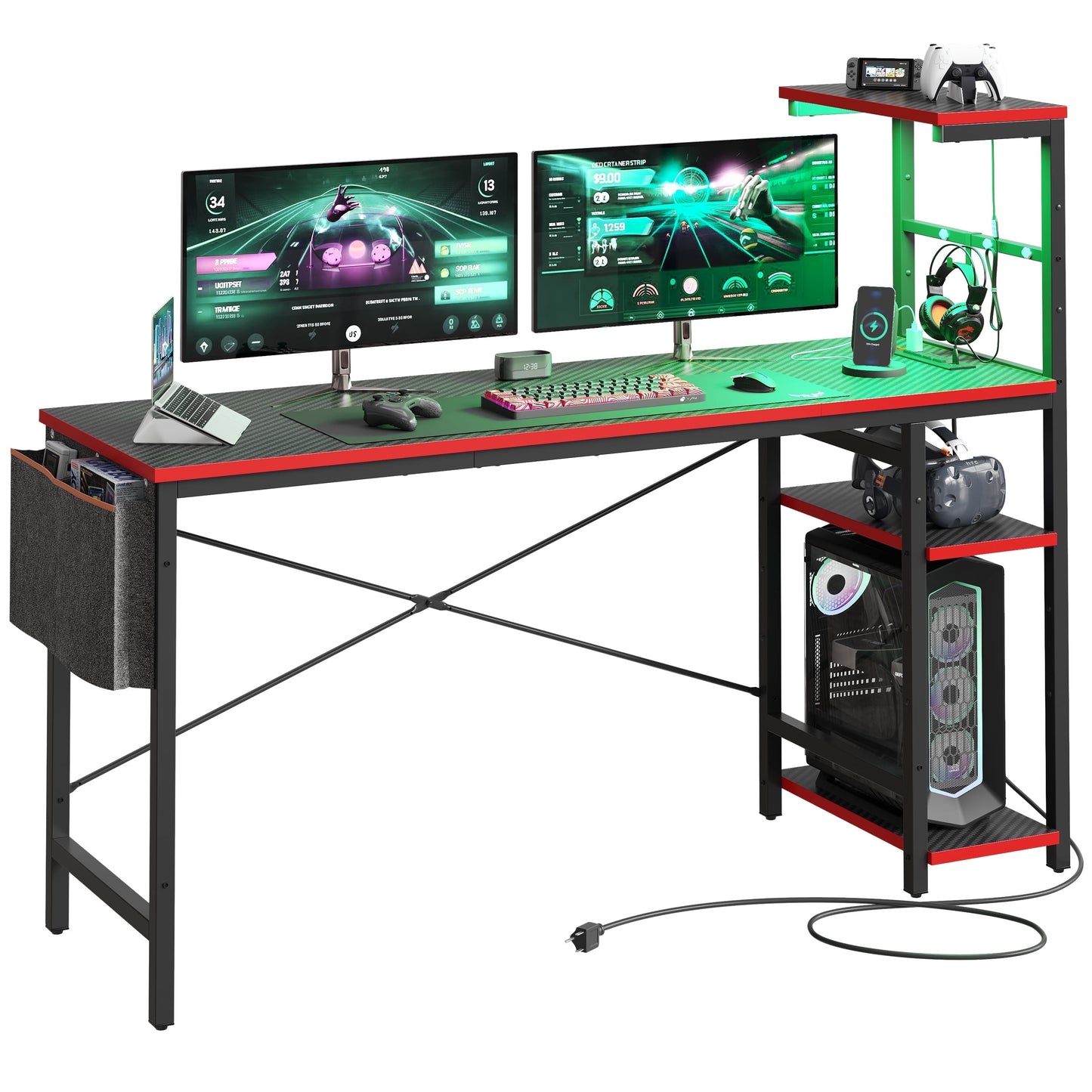 61" Reversible Gaming Desk Computer Desk with Power Outlet LED Desk with 4 Tier Shelves, Black Carbon Fiber