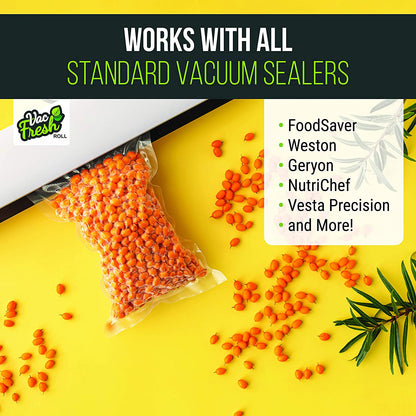 Vac Fresh Food Vacuum Sealer Rolls (8" X 50', 2 Rolls), 3.5Mil Embossed Food Storage Bags, Vacuum Seal Bags for Meal Prep, Sous Vide Bags for Cooking (100 Feet)