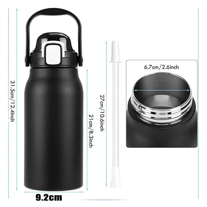 2L Stainless Steel Thermo Water Bottle with Straw – Large Vacuum Insulated Tumbler for Hot & Cold Drinks – Gym, Travel & Outdoor Sports