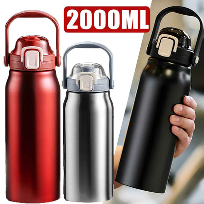 2L Stainless Steel Thermo Water Bottle with Straw – Large Vacuum Insulated Tumbler for Hot & Cold Drinks – Gym, Travel & Outdoor Sports