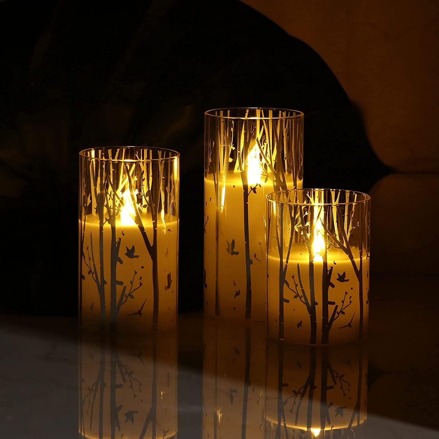 Birch Design Glass Battery Operated LED Candles with Timer, Flameless Pillar Candles Spring & Summer Decor, Batteries Included - Set of 3
