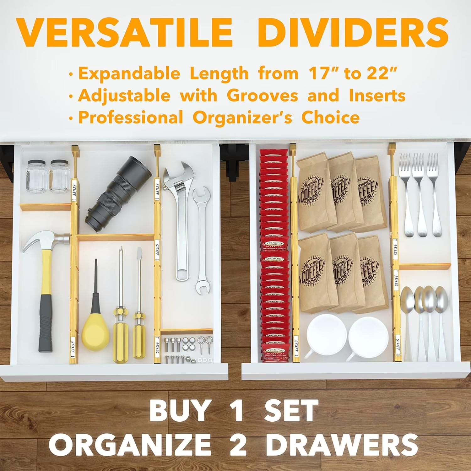 Bamboo Kitchen Organizer Drawer Dividers, Expandable(17-22 In), 17"L X 0.6"W X 2.6"H