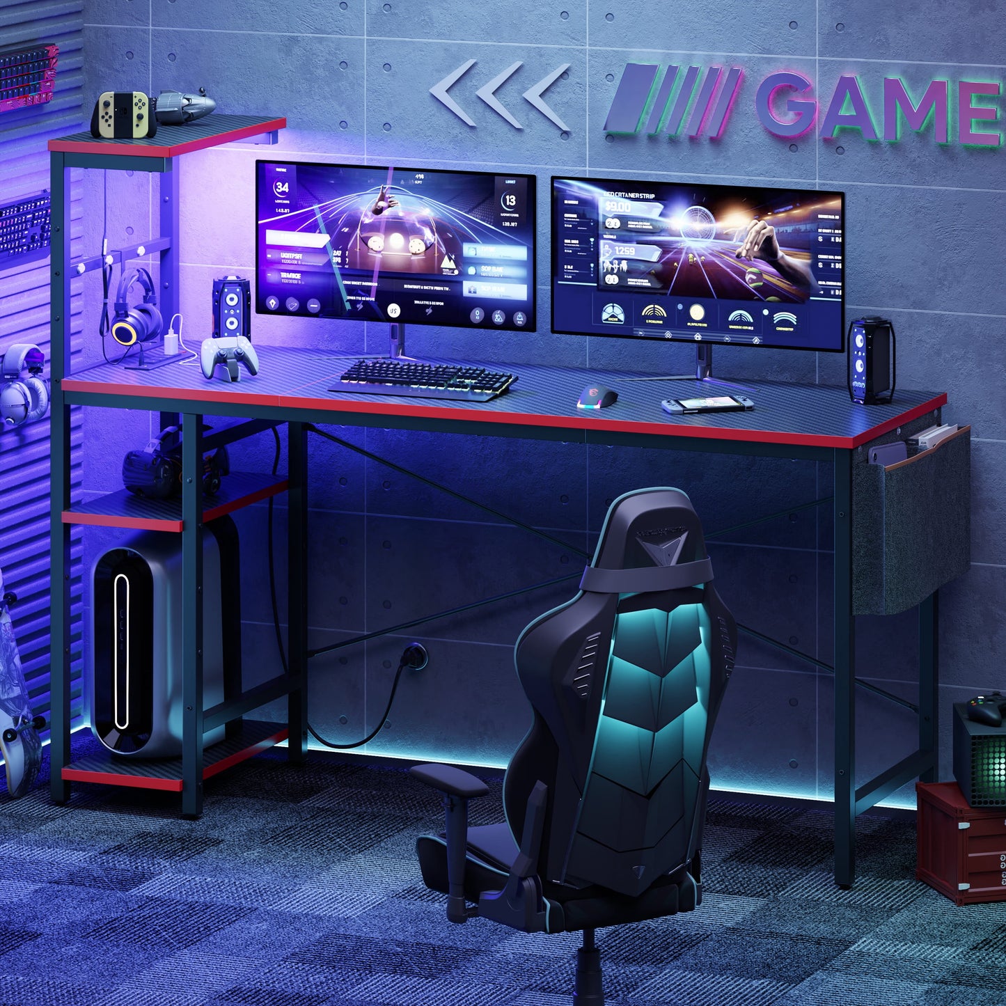 61" Reversible Gaming Desk Computer Desk with Power Outlet LED Desk with 4 Tier Shelves, Black Carbon Fiber