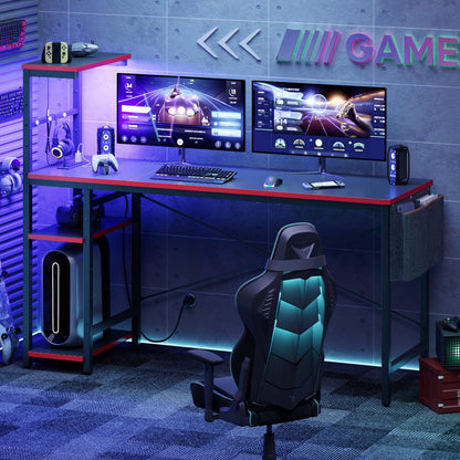 61" Reversible Gaming Desk Computer Desk with Power Outlet LED Desk with 4 Tier Shelves, Black Carbon Fiber