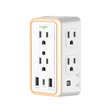 6-Outlet USB Wall Charger Extender – Surge Protector with USB-C, 3 USB Ports & Built-In Night Light Power Strip Adapter