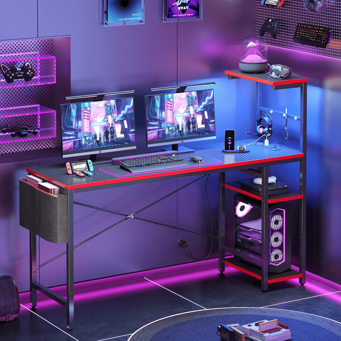 61" Reversible Gaming Desk Computer Desk with Power Outlet LED Desk with 4 Tier Shelves, Black Carbon Fiber
