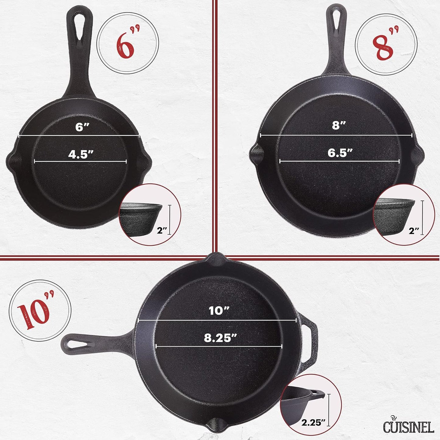Cast Iron Skillet Set - 6"+8"+10"-Inch + Glass Lids + Silicone Handle Holder Covers - Pre-Seasoned Frying Pan - Oven Safe Cookware - Indoor/Outdoor Use - Grill, BBQ, Stovetop, Induction Safe