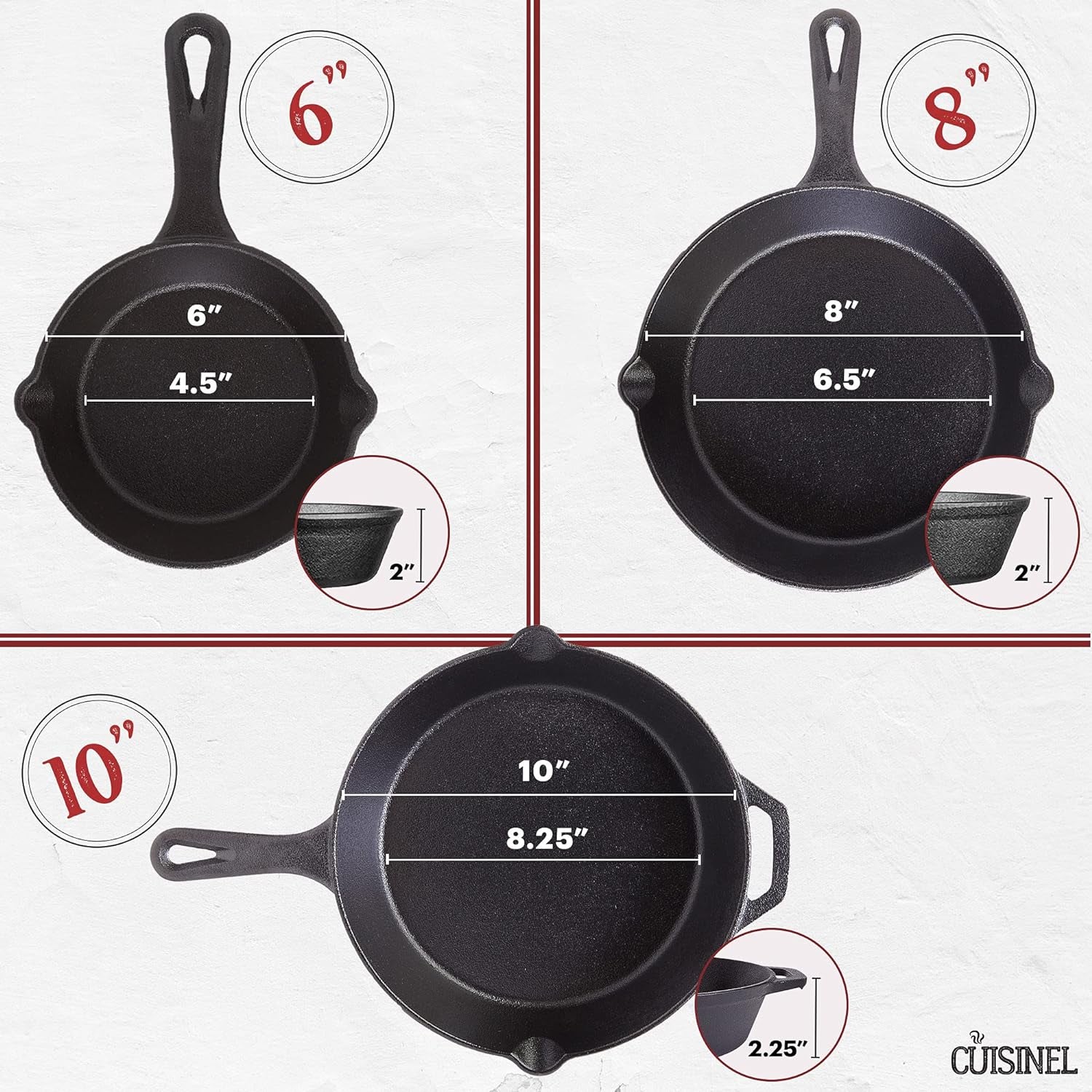 Cast Iron Skillet Set - 6"+8"+10"-Inch + Glass Lids + Silicone Handle Holder Covers - Pre-Seasoned Frying Pan - Oven Safe Cookware - Indoor/Outdoor Use - Grill, BBQ, Stovetop, Induction Safe