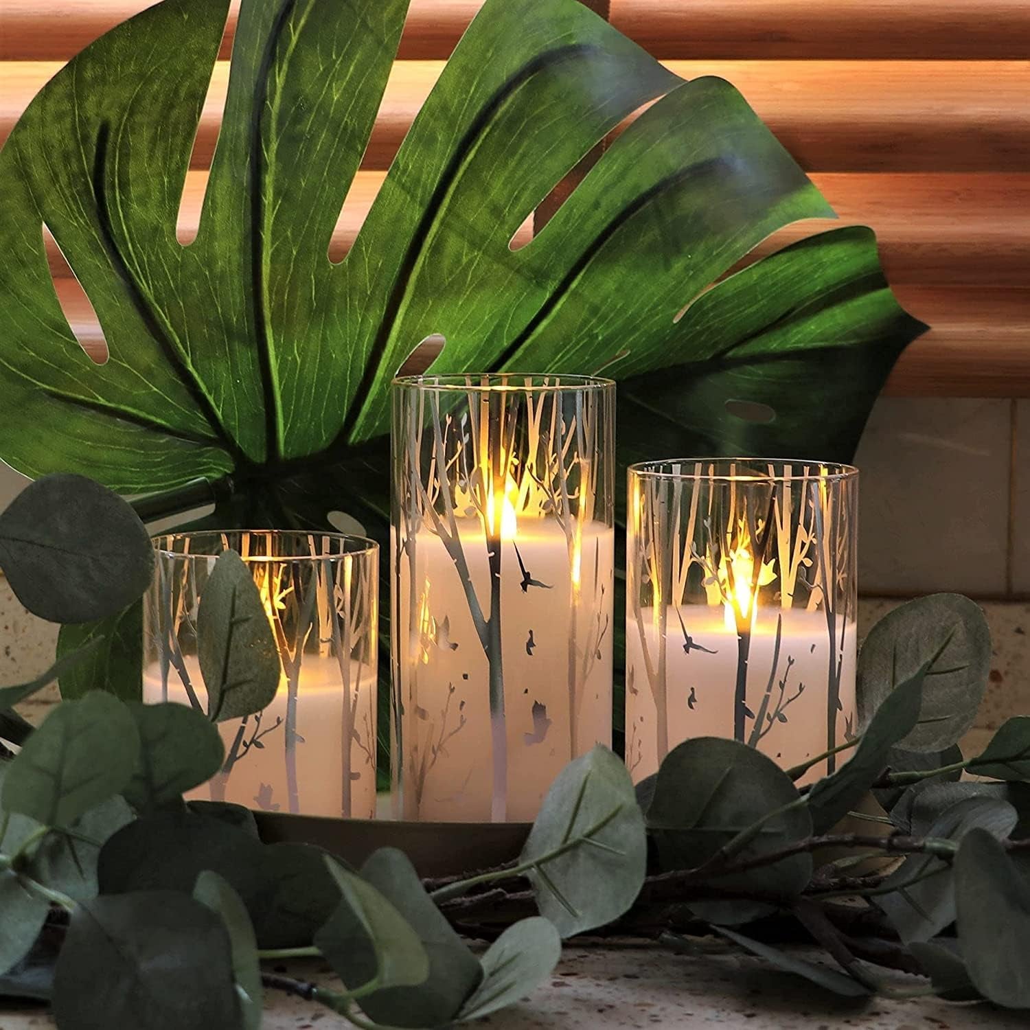 Birch Design Glass Battery Operated LED Candles with Timer, Flameless Pillar Candles Spring & Summer Decor, Batteries Included - Set of 3