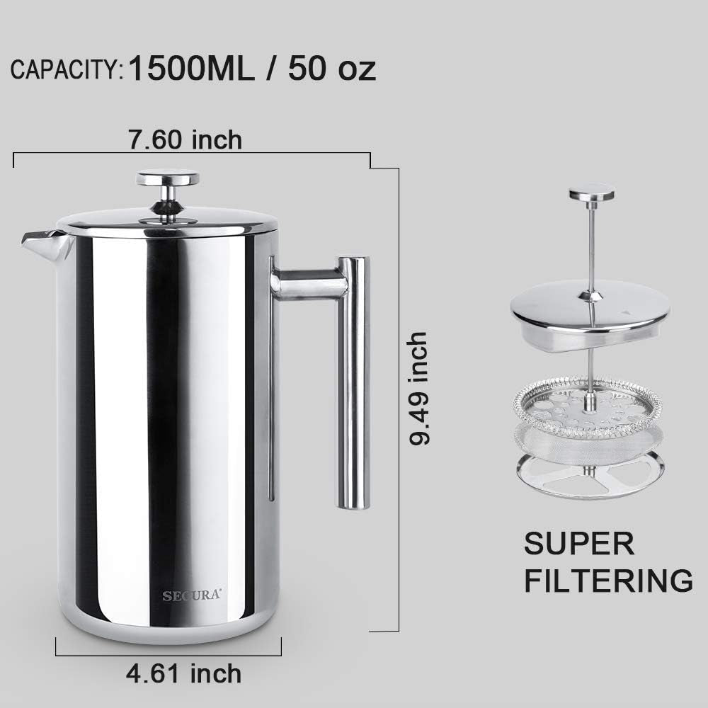 French Press Coffee Maker, 304 Grade Stainless Steel Insulated Coffee Press with 2 Extra Screens, 50Oz (1.5 Litre), Silver