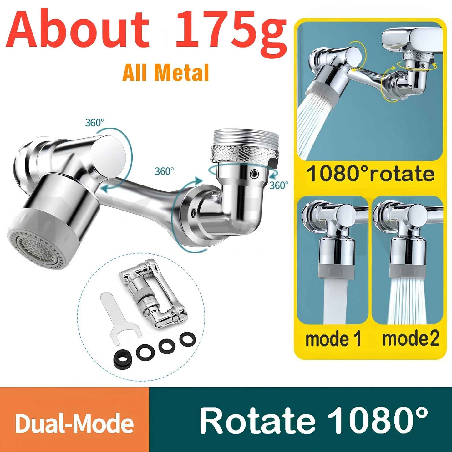 AquaTwist™ 1080° Rotating Faucet Sprayer – Universal Metal Tap Extender with Dual Mode Aerator – 22/24mm Kitchen Sink Adapter