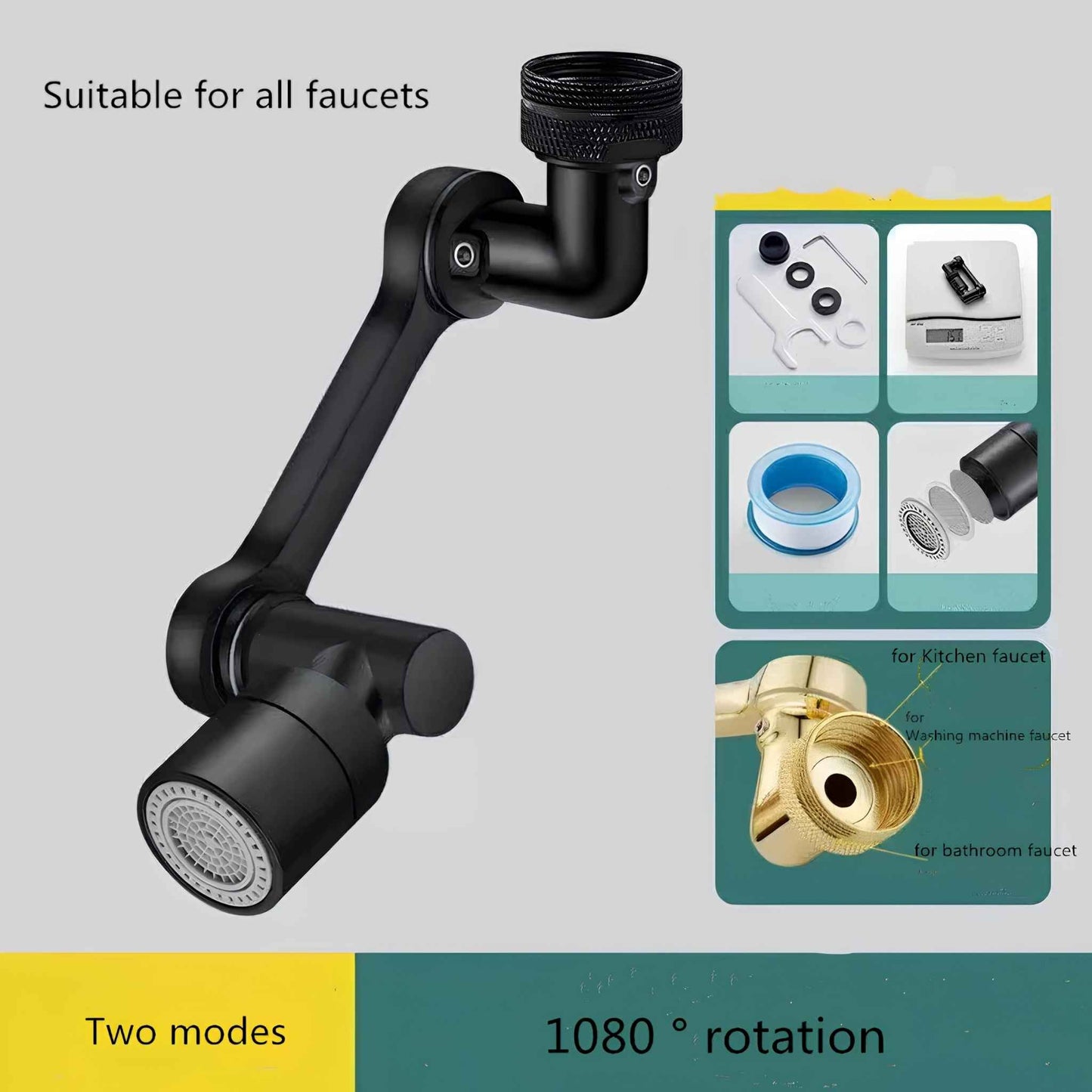 AquaTwist™ 1080° Rotating Faucet Sprayer – Universal Metal Tap Extender with Dual Mode Aerator – 22/24mm Kitchen Sink Adapter