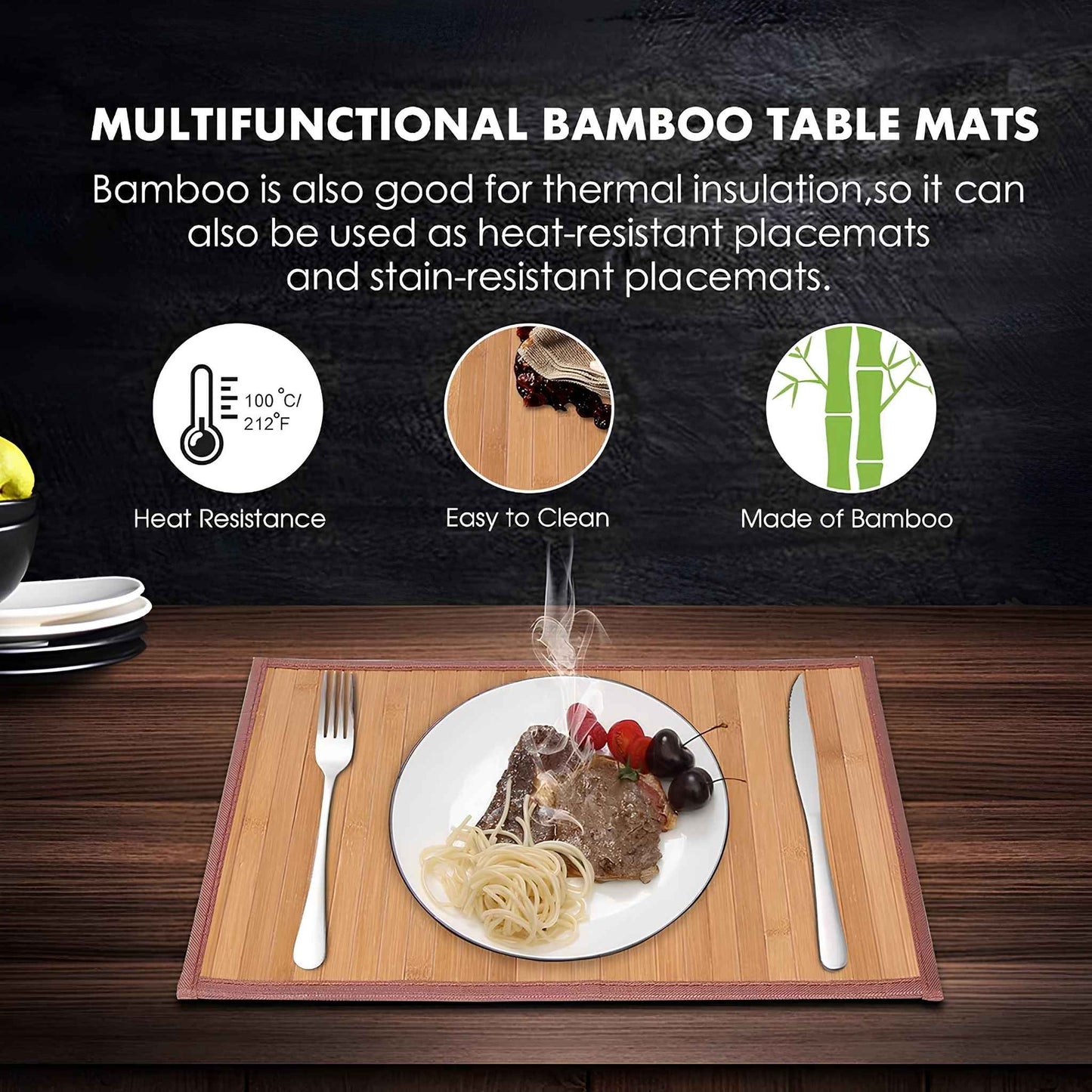 Bamboo Placemats Set of 4 for Dining Table – Heat & Stain Resistant Eco-Friendly Table Mats (45×30cm, Natural Slat Design)