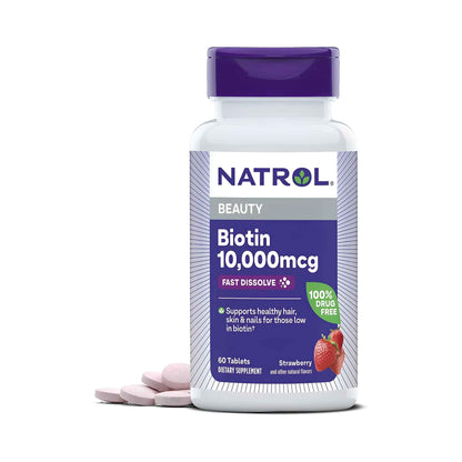 Biotin 10,000mcg Beauty Tablets – Fast Dissolve Strawberry Flavor – Supports Healthy Hair, Skin & Nails – 60 Count Dietary Supplement