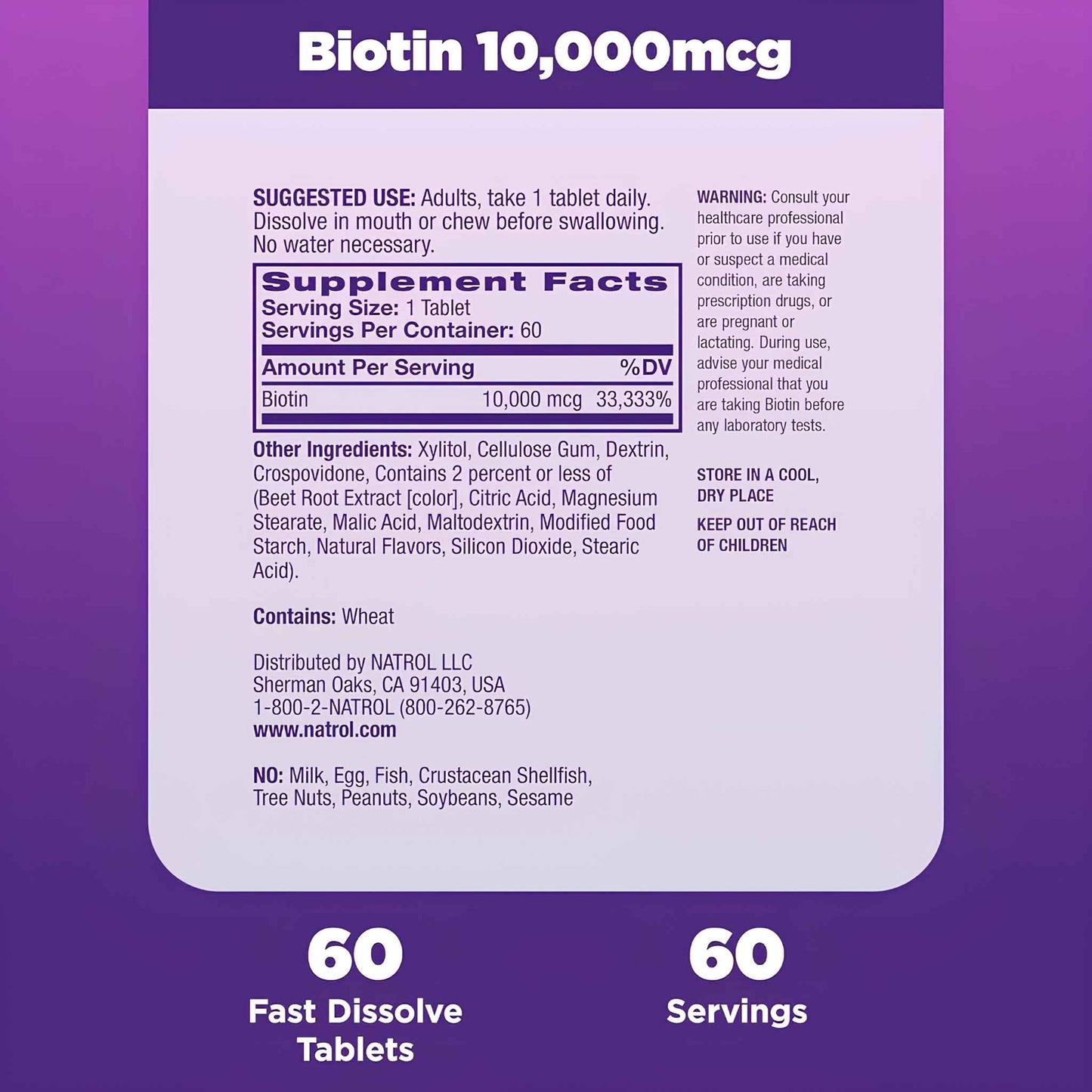 Biotin 10,000mcg Beauty Tablets – Fast Dissolve Strawberry Flavor – Supports Healthy Hair, Skin & Nails – 60 Count Dietary Supplement