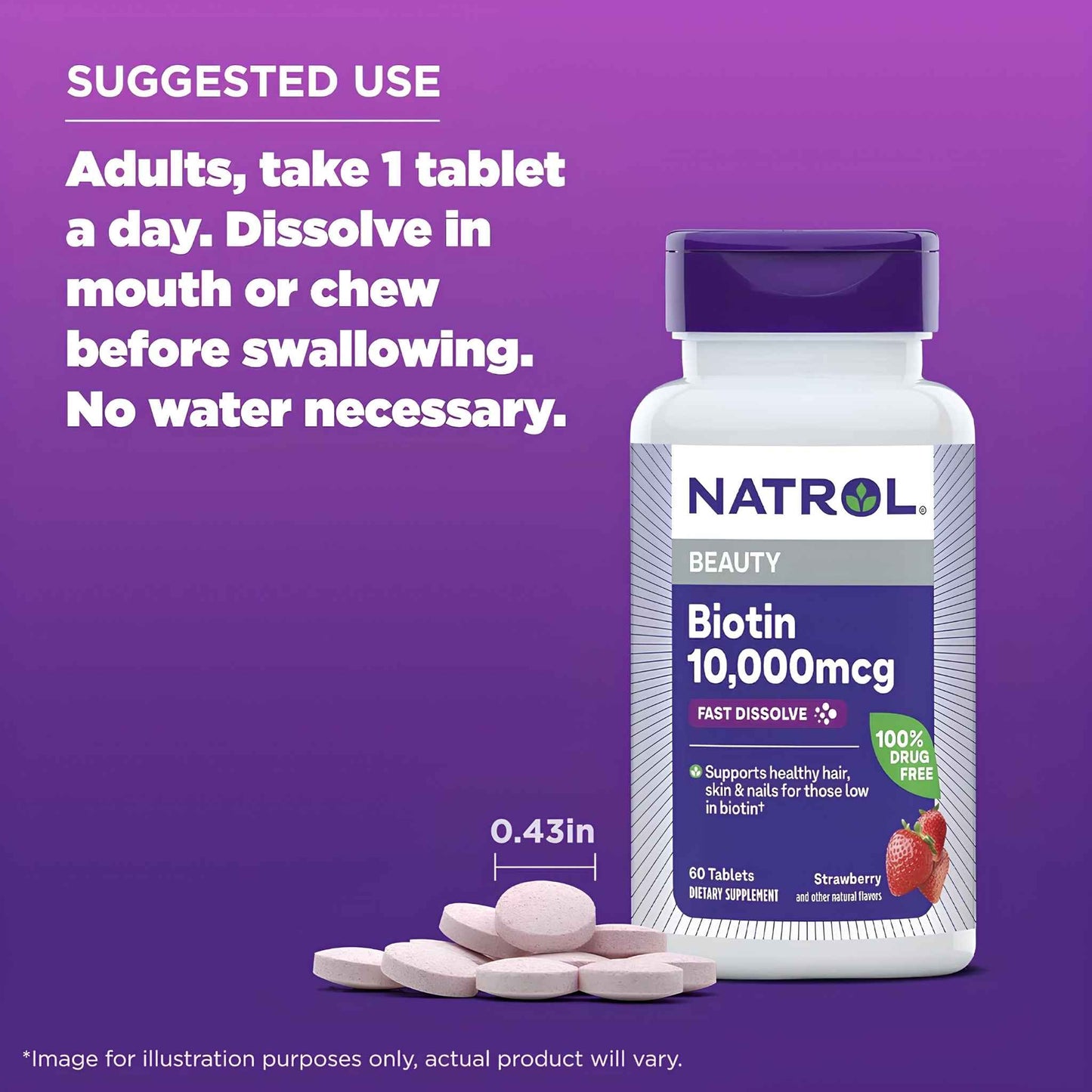 Biotin 10,000mcg Beauty Tablets – Fast Dissolve Strawberry Flavor – Supports Healthy Hair, Skin & Nails – 60 Count Dietary Supplement