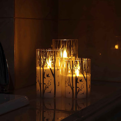 Birch Design Flameless LED Candles Set of 3 – Battery Operated Glass Pillar Candles with Timer