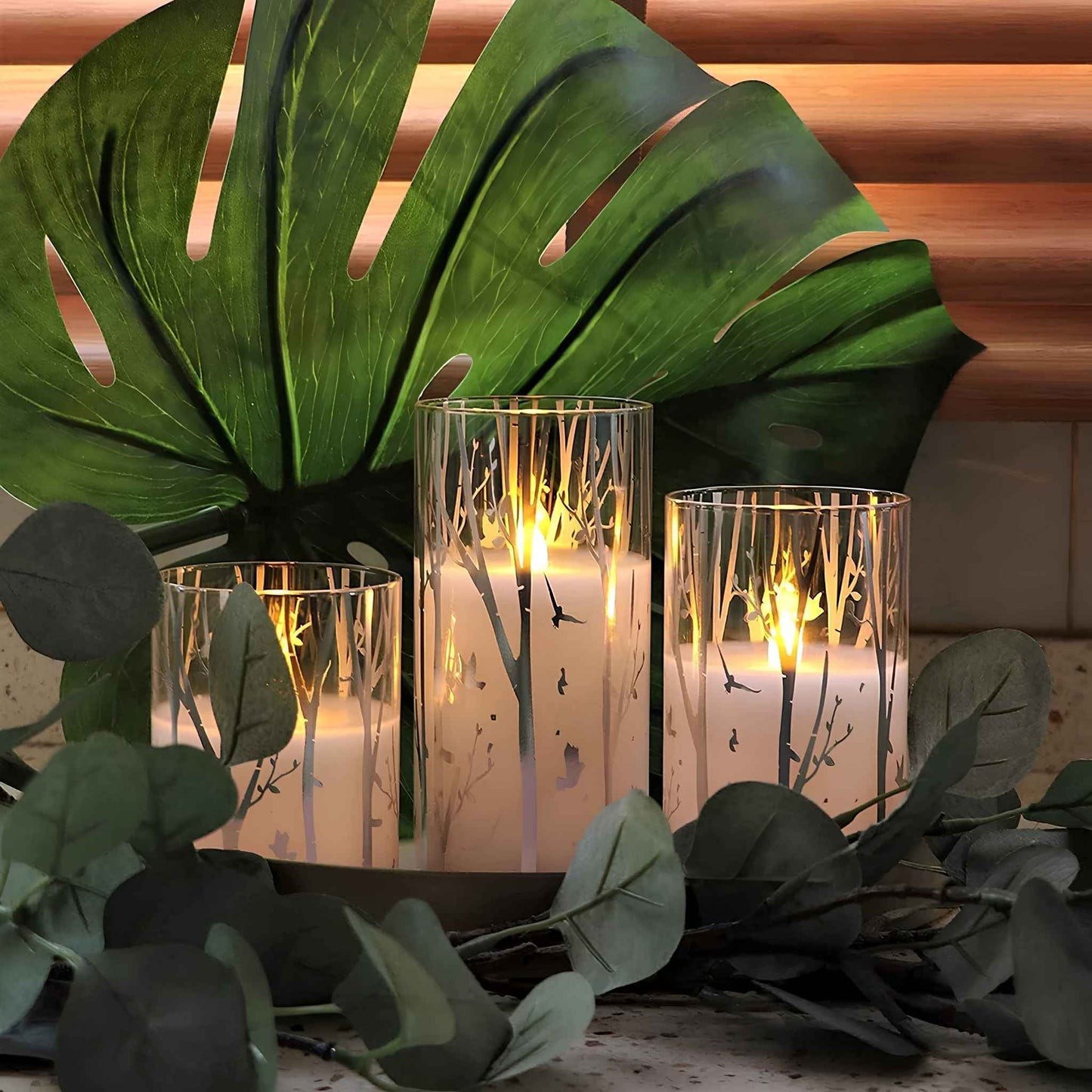 Birch Design Flameless LED Candles Set of 3 – Battery Operated Glass Pillar Candles with Timer