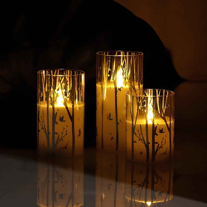 Birch Design Flameless LED Candles Set of 3 – Battery Operated Glass Pillar Candles with Timer