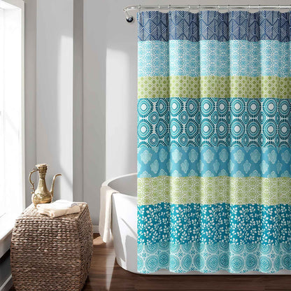 Bohemian Stripe Shower Curtain 72" x 72" – Blue & Green Fabric Boho Bathroom Curtain