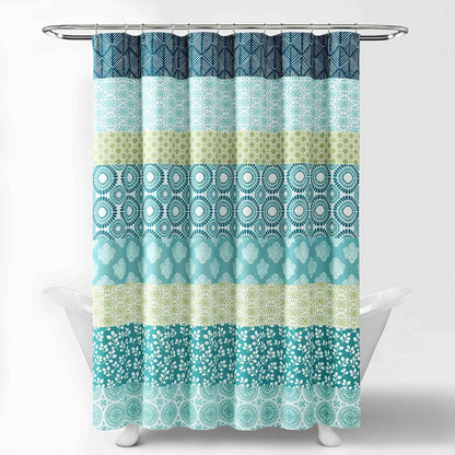 Bohemian Stripe Shower Curtain 72" x 72" – Blue & Green Fabric Boho Bathroom Curtain