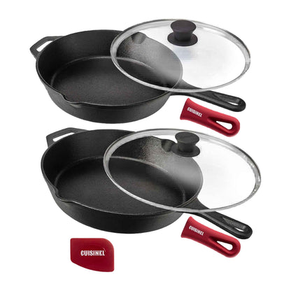 Cast Iron Skillet Set 10” + 12” – Pre-Seasoned Frying Pans with Glass Lids & Silicone Handle Covers – Oven, Grill, Stovetop, Induction & Firepit Safe Cookware