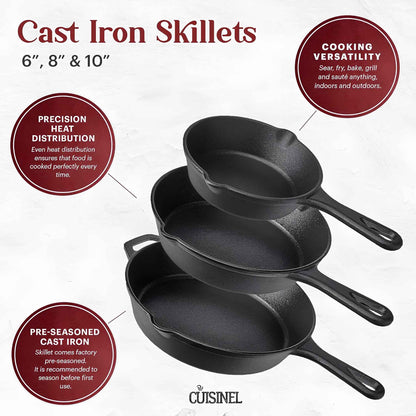Cast Iron Skillet Set with Glass Lids – Pre-Seasoned Frying Pans (6", 8", 10") for Stovetop, Oven & Grill