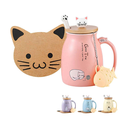 Cute Cat Mug Ceramic Coffee Cup 380ml – Anime Kitty Design with Lid, Spoon & Tea Infuser – Kawaii Cat Coffee Mug Gift for Cat Lovers