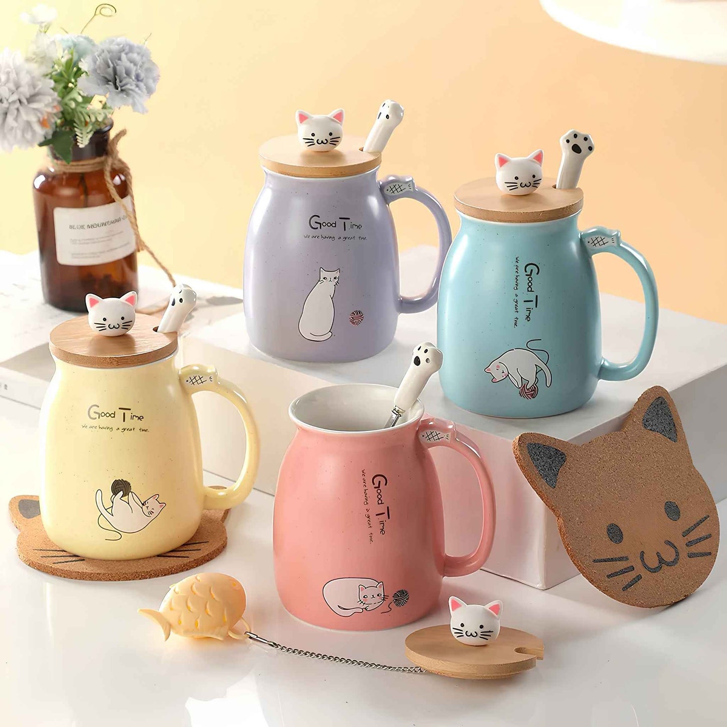 Cute Cat Mug Ceramic Coffee Cup 380ml – Anime Kitty Design with Lid, Spoon & Tea Infuser – Kawaii Cat Coffee Mug Gift for Cat Lovers