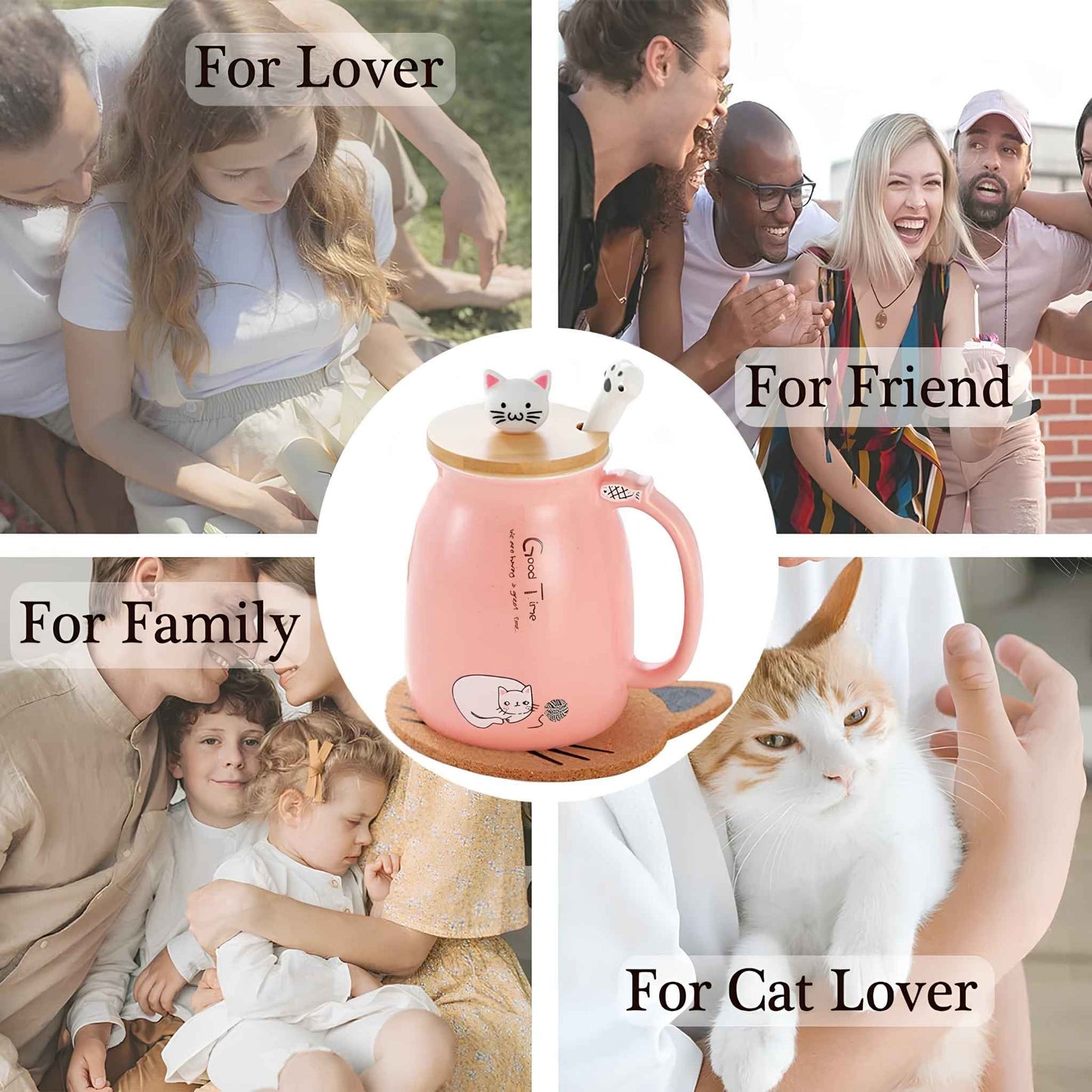 Cute Cat Mug Ceramic Coffee Cup 380ml – Anime Kitty Design with Lid, Spoon & Tea Infuser – Kawaii Cat Coffee Mug Gift for Cat Lovers