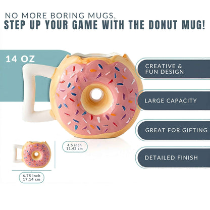 Ceramic Donut Coffee Mug 14oz – Funny Pink Doughnut Design with Sprinkles – Novelty Coffee Cup for Tea, Coffee & Hot Chocolate – Gift Mug