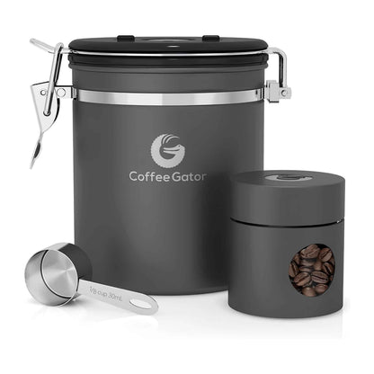 Airtight Stainless Steel Coffee Canister – 6” Coffee Storage Container with CO₂ Release Valve, Date Tracker, Measuring Scoop & Travel Lid | Keeps Coffee Beans Fresh Longer