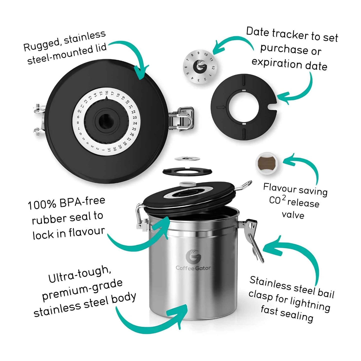 Airtight Stainless Steel Coffee Canister – 6” Coffee Storage Container with CO₂ Release Valve, Date Tracker, Measuring Scoop & Travel Lid | Keeps Coffee Beans Fresh Longer