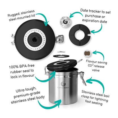 Airtight Stainless Steel Coffee Canister – 6” Coffee Storage Container with CO₂ Release Valve, Date Tracker, Measuring Scoop & Travel Lid | Keeps Coffee Beans Fresh Longer