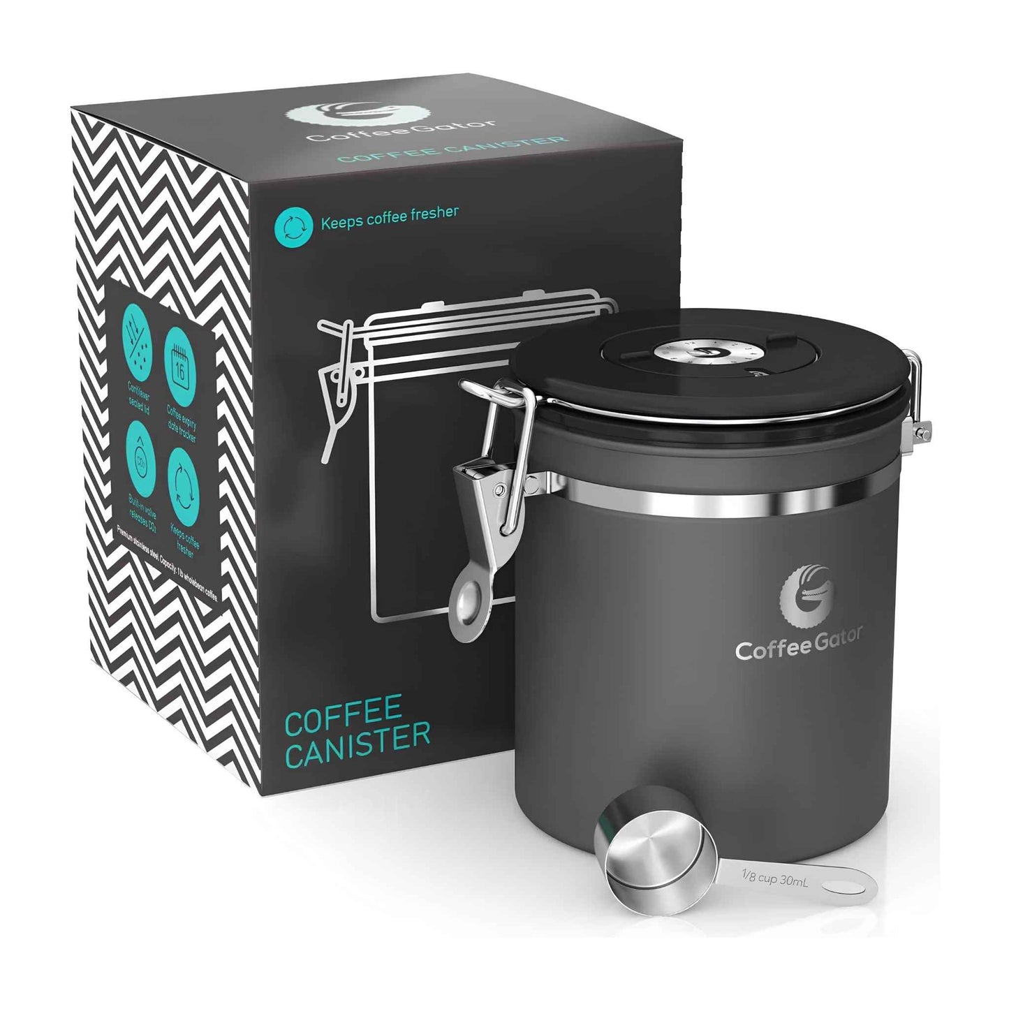 Airtight Stainless Steel Coffee Canister – 6” Coffee Storage Container with CO₂ Release Valve, Date Tracker, Measuring Scoop & Travel Lid | Keeps Coffee Beans Fresh Longer