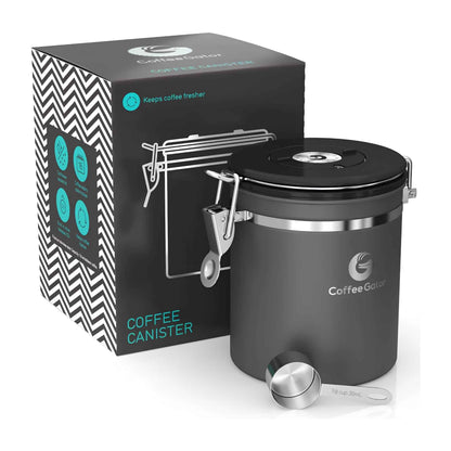 Airtight Stainless Steel Coffee Canister – 6” Coffee Storage Container with CO₂ Release Valve, Date Tracker, Measuring Scoop & Travel Lid | Keeps Coffee Beans Fresh Longer