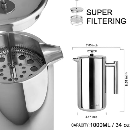 Stainless Steel French Press Coffee Maker | Double Wall Insulated (12oz–1.5L)