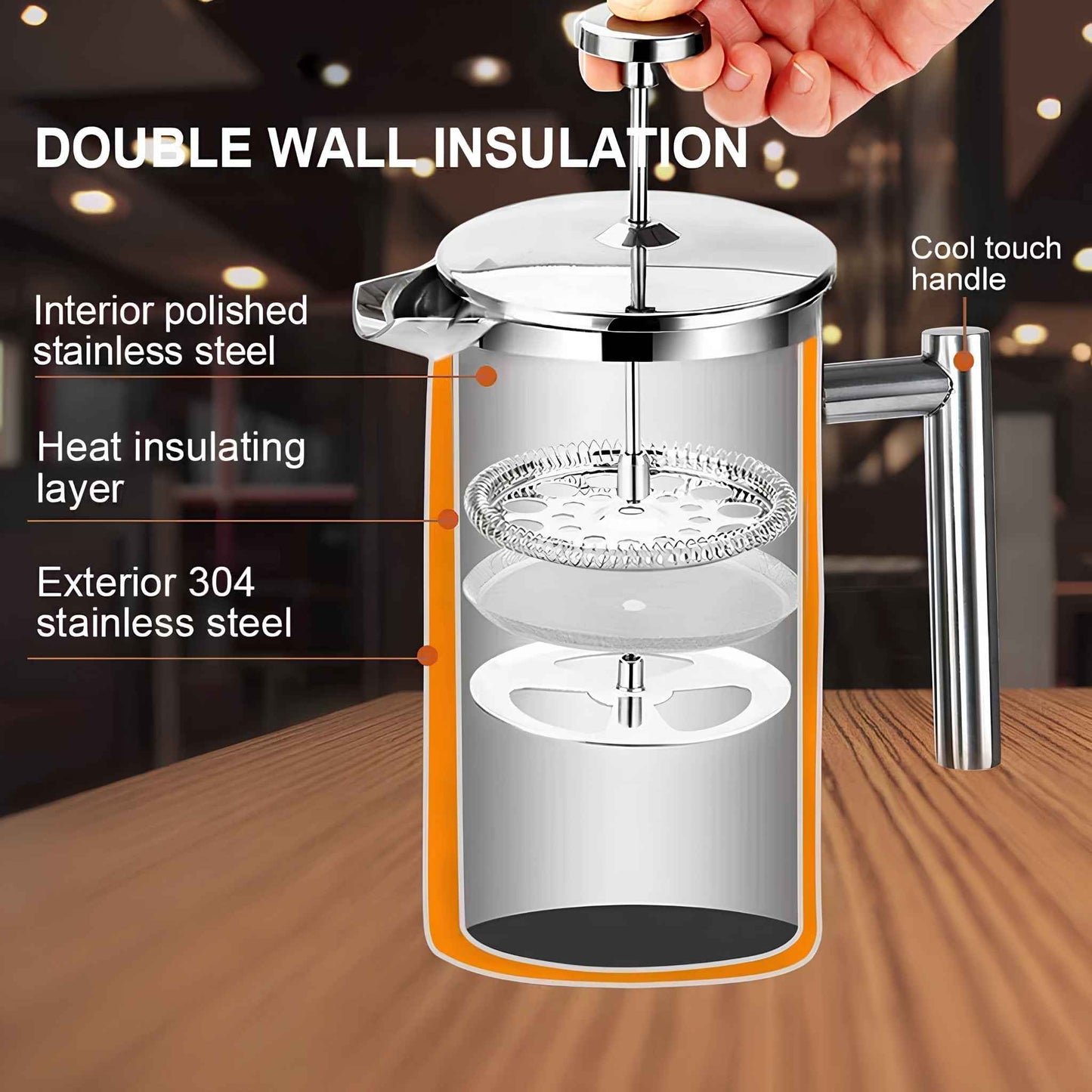 Stainless Steel French Press Coffee Maker | Double Wall Insulated (12oz–1.5L)