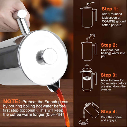 Stainless Steel French Press Coffee Maker | Double Wall Insulated (12oz–1.5L)
