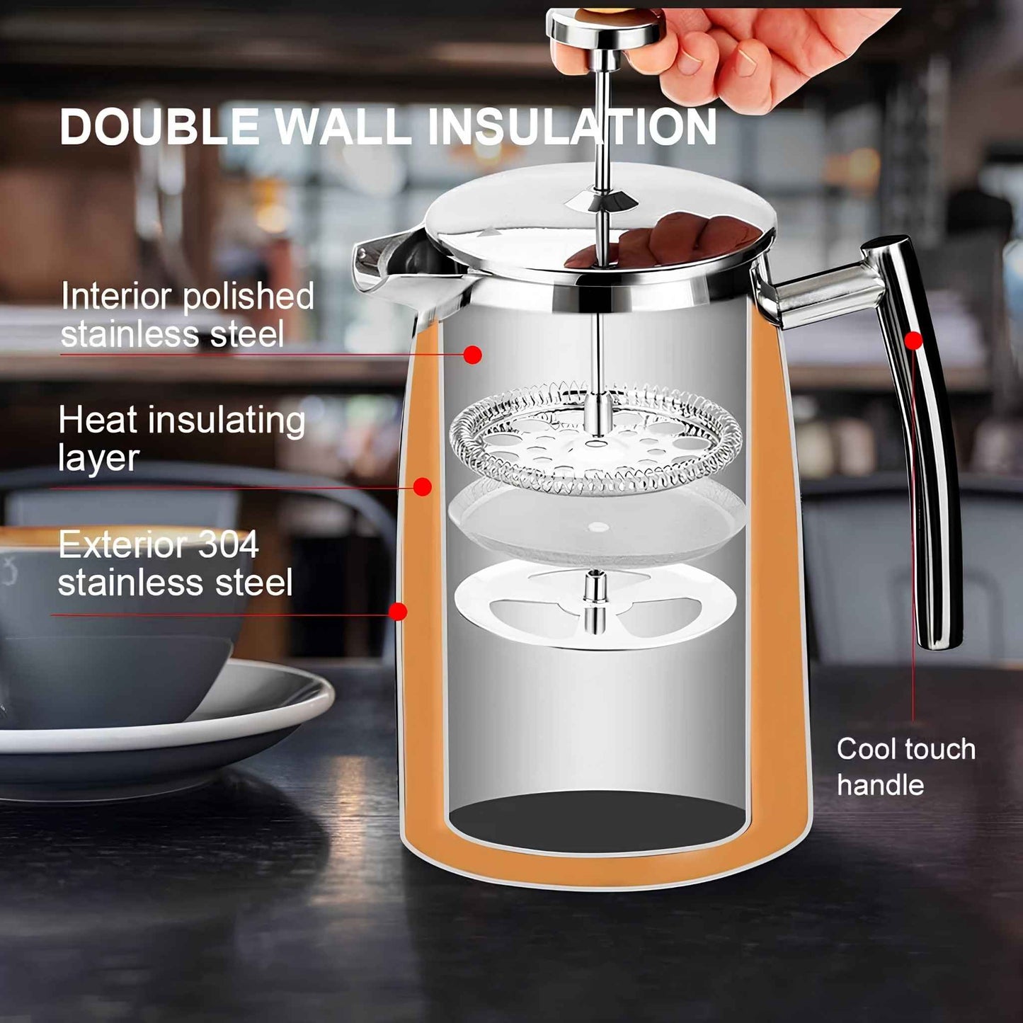 Stainless Steel French Press Coffee Maker | Double Wall Insulated (12oz–1.5L)