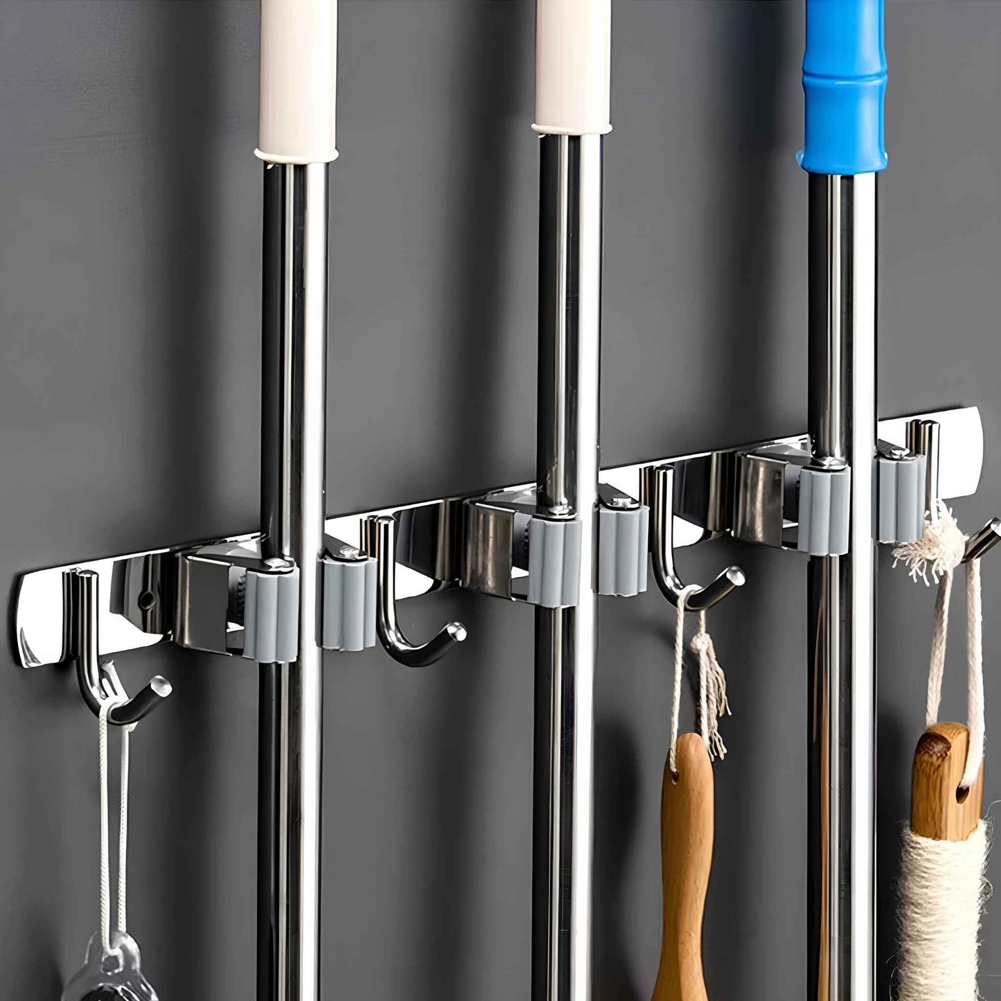 GripLock™ Stainless Steel Mop & Broom Holder – Wall Mount Space-Saving Organizer for Kitchen & Bathroom