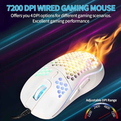 Honeycomb Wired Gaming Mouse with RGB Lighting – 7200 DPI Lightweight Ergonomic Gaming Mouse