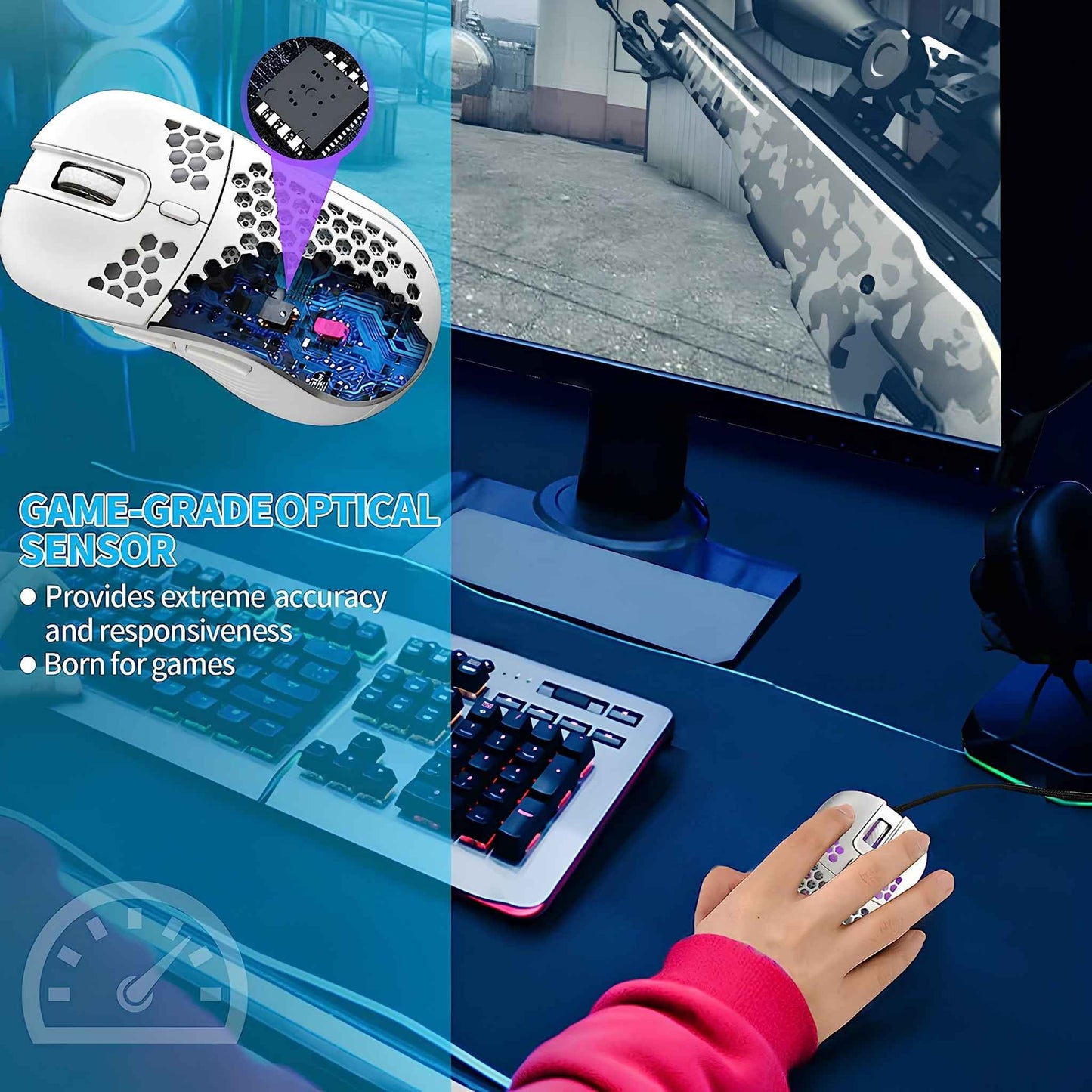 Honeycomb Wired Gaming Mouse with RGB Lighting – 7200 DPI Lightweight Ergonomic Gaming Mouse