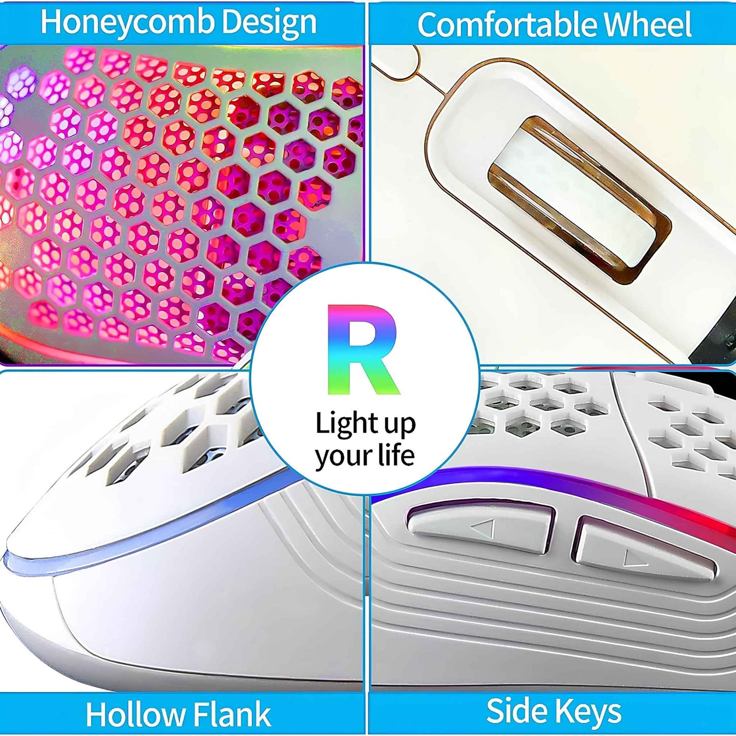 Honeycomb Wired Gaming Mouse with RGB Lighting – 7200 DPI Lightweight Ergonomic Gaming Mouse