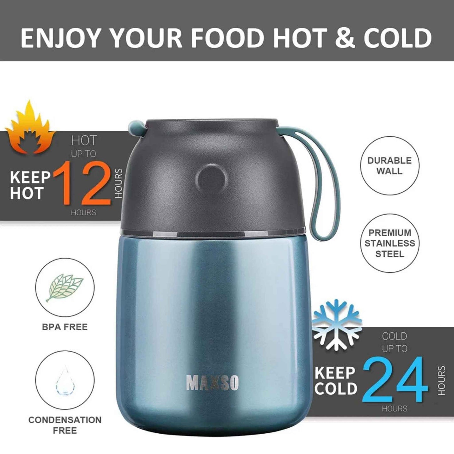 17 oz Insulated Food Jar for Hot & Cold Food – Stainless Steel Vacuum Thermos Lunch Container with Spoon, Light Blue