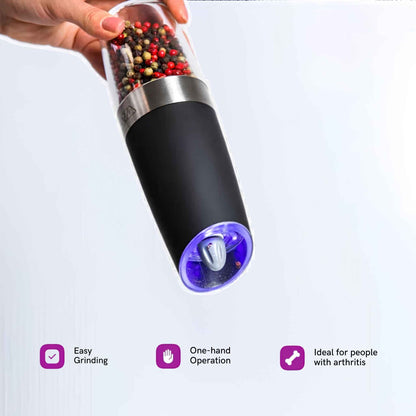 Gravity Electric Salt and Pepper Grinder Set – Automatic Battery Powered One-Handed Spice Mill with Adjustable Coarseness & LED Light | Kitchen Gift Set