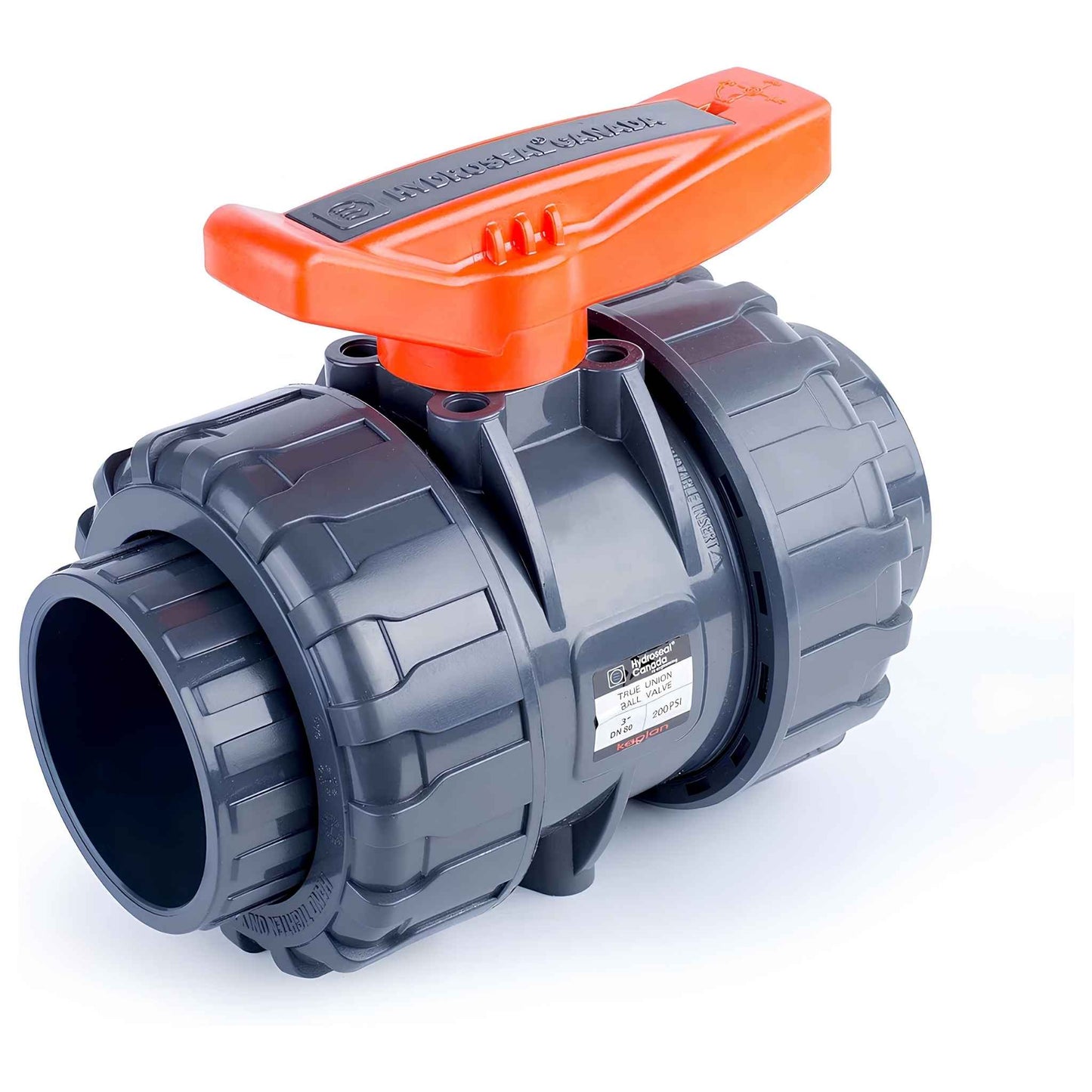 Kaplan 3" PVC True Union Ball Valve – Full Port, EPDM O-Rings, PTFE Seats, 200 PSI, ASTM F1970, Socket Type (Gray)