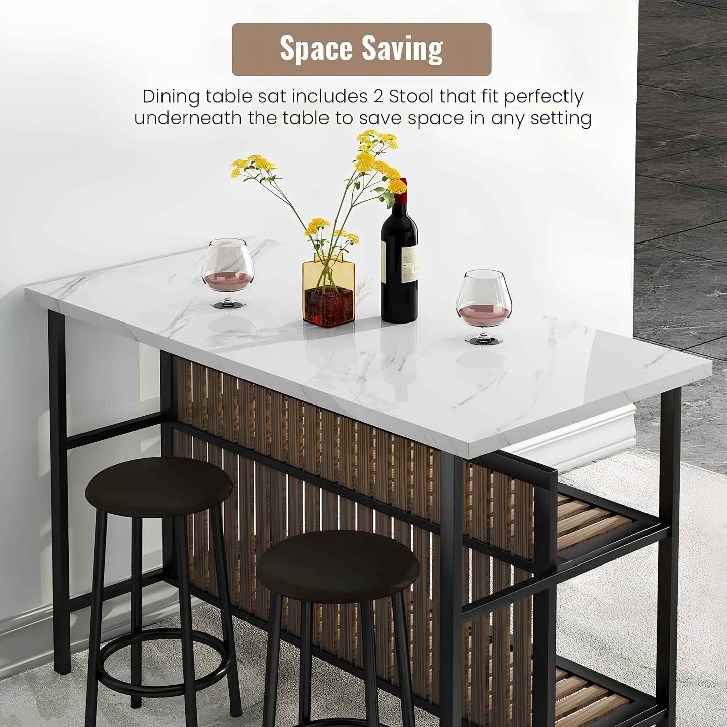 Kitchen Island with Seating – 3-Piece Counter Height Dining Table Set with Storage Shelves